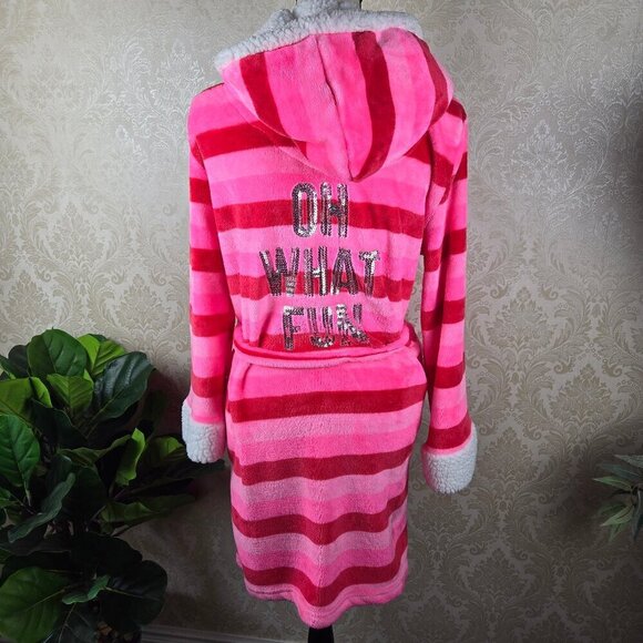 Em & Alfie One Size Red Pink Striped Plush Robe "Oh What Fun" Sequins on Back - Picture 8 of 13